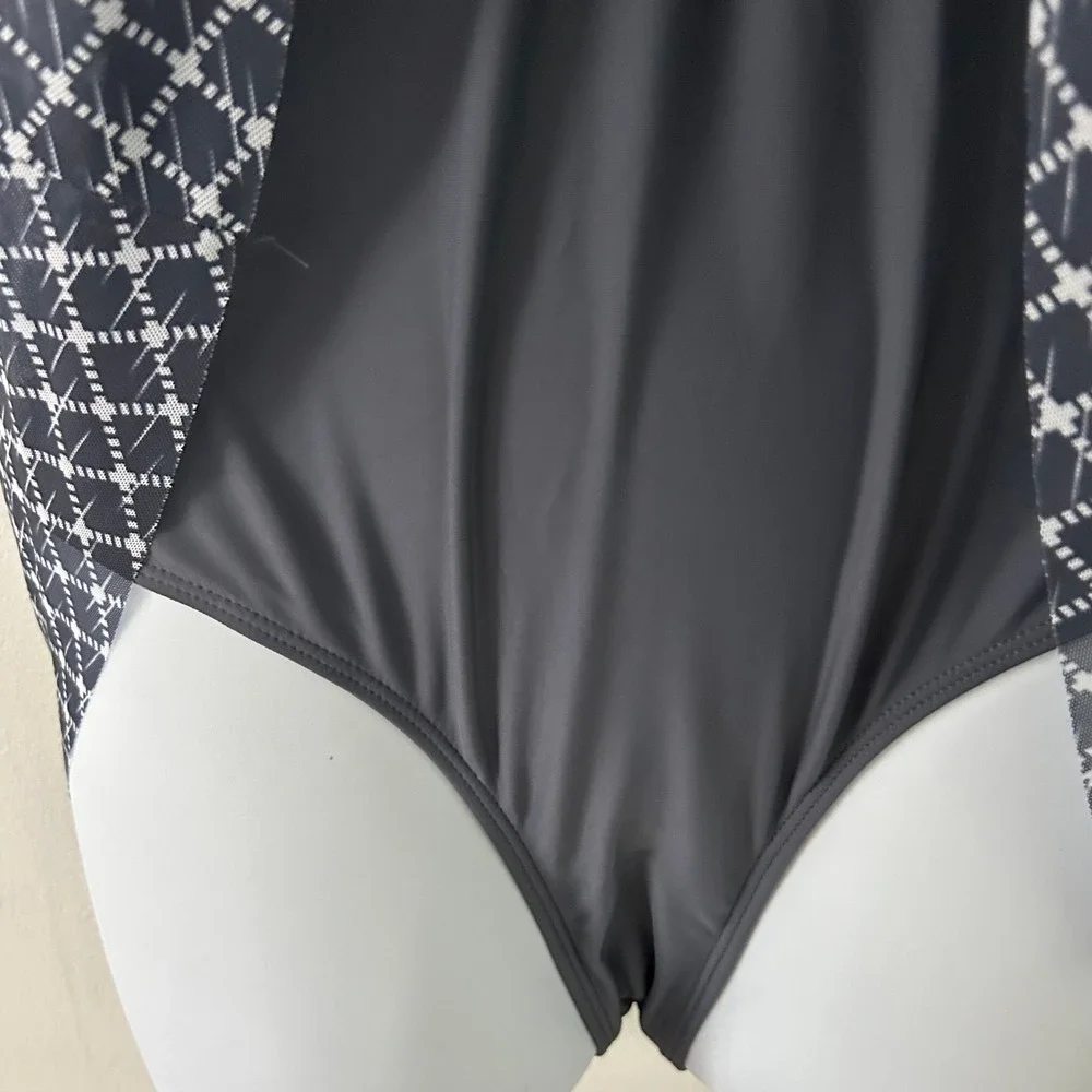 Women Navy White One-Piece Geometric Mesh Modest Swimsuit Swim Dress XL NWOT - Picture 5 of 10